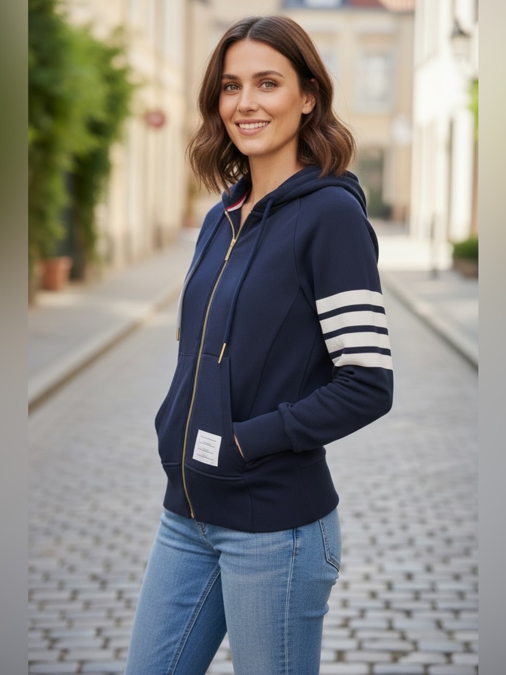 Thom Browne Iconic Four-bar Hoodie with Double Zipper in Navy